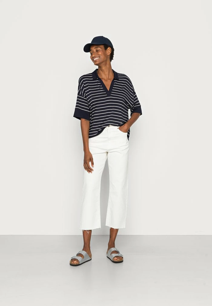 TOM TAILOR OPEN COLLAR STRIPE - Print T-shirt - Navy/off White 4 TOM TAILOR OPEN COLLAR STRIPE - Print T-shirt - Navy/off White - Image 2