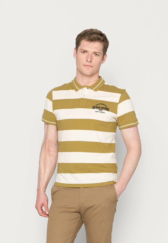 TOM TAILOR STRIPED WITH EMBRO - Polo Shirt - Moss Cream Yarn Dye 3 TOM TAILOR STRIPED WITH EMBRO - Polo Shirt - Moss Cream Yarn Dye