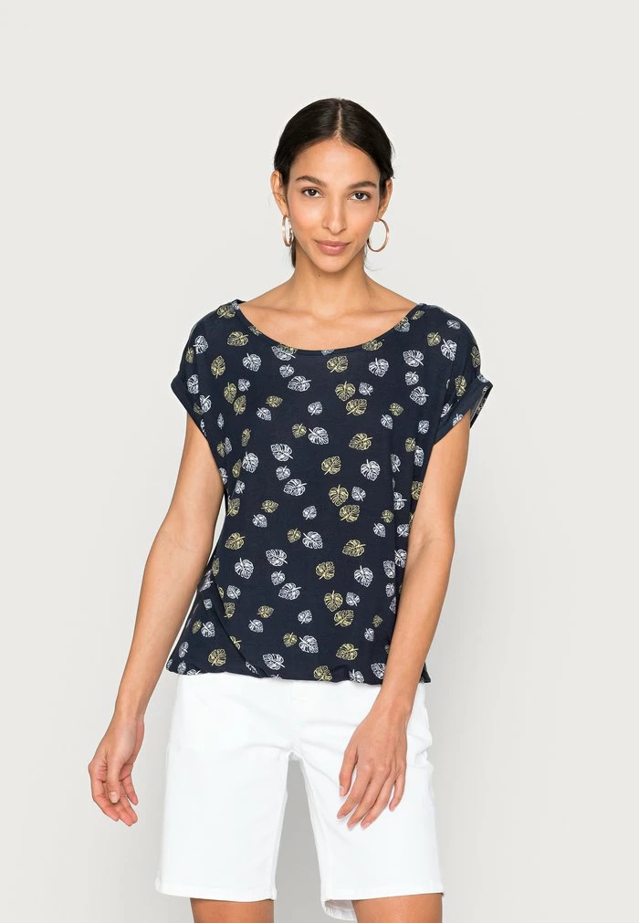 TOM TAILOR PRINTED AND STRIPED - Print T-shirt - Navy Leaf Design 3 TOM TAILOR PRINTED AND STRIPED - Print T-shirt - Navy Leaf Design
