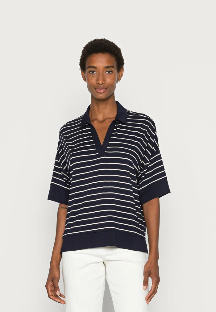 TOM TAILOR OPEN COLLAR STRIPE - Print T-shirt - Navy/off White 3 TOM TAILOR OPEN COLLAR STRIPE - Print T-shirt - Navy/off White
